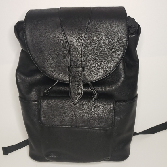 Flap Closure Backpack Black Vegan Leather - Picture 2 of 5